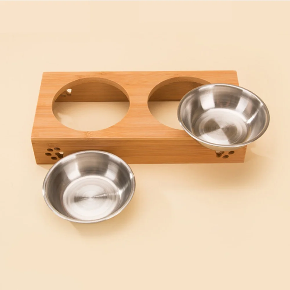 Customized Personalized Bamboo Wood Dining Table Pet Double Bowl Cat Dog Stainless Steel Food Bowl Anti Knockover Pet Supplies - Image 5