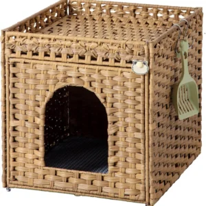 Cat Litter Box Enclosure Furniture, Hidden Litter Box with Mat and Fence, Handwoven Rattan Cat House with Two S-Shaped Hooks for