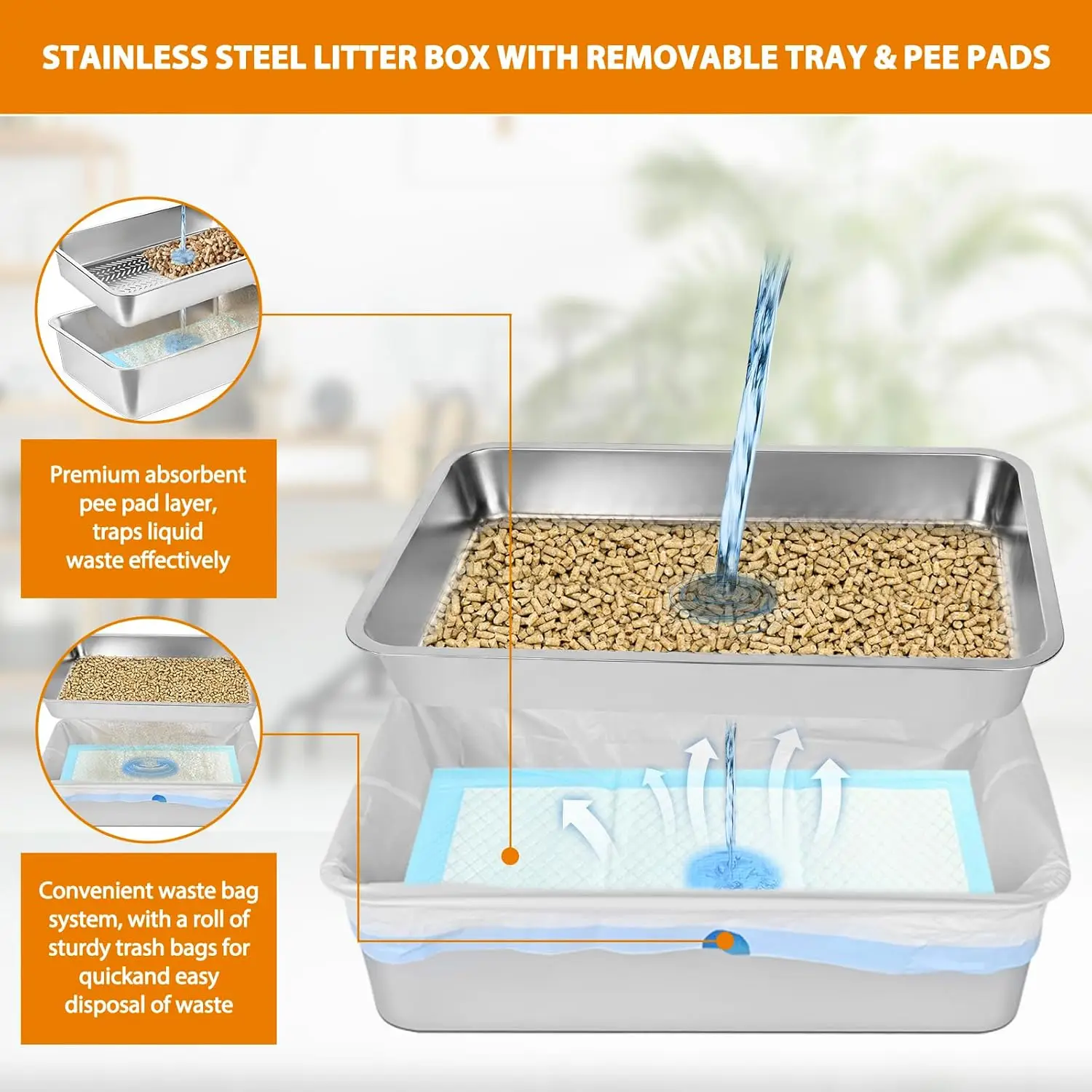 Stainless Steel Sifting Litter Box for Pine Pellets, 23.6''Lx15.7''Wx12''H with Lid & Scoop - Image 3