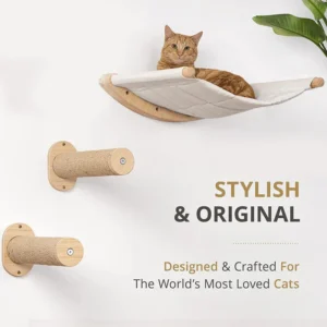 Wall-Mounted Cat Climbing Frame with Natural Wood Cat Bed & Hammock Multi-Level Cat Activity Center for Indoor Cats