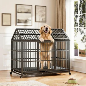 52 Inch Heavy Duty Dog Crate, Large Metal Dog Kennel with Roof Top, 2 Door Dog Cage House with Removable Tray and Wheels