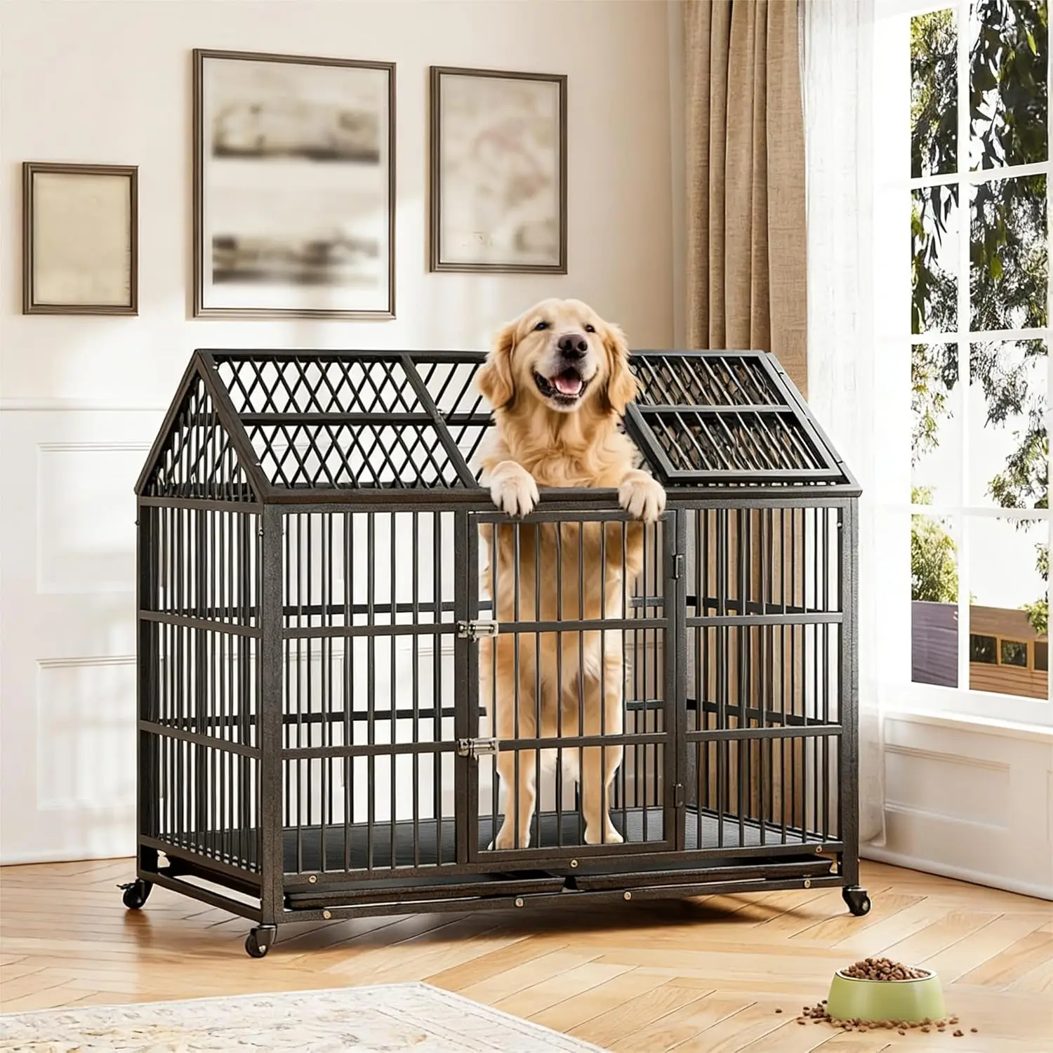 52 Inch Heavy Duty Dog Crate, Large Metal Dog Kennel with Roof Top, 2 Door Dog Cage House with Removable Tray and Wheels