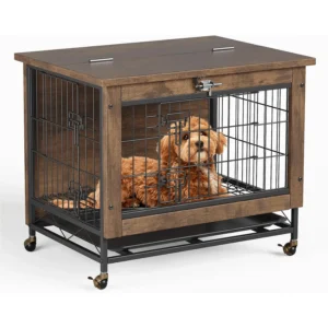 Rustic Dog Crate Furniture with Wheels 26in Small Heavy Duty Metal and Wood Dog Kennel Indoor Anti-Chew Pet Cage End Side Table