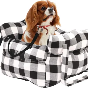 Medium Dog Car Seat Up to 28lbs - Pet Travel Bed Booster with Storage, Safety Tether, Anti-Slip Bottom for Cars(Green/White)