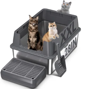 Extra Large XXL Stainless Steel Cat Litter Box with Lid, 26" L x 18" W x 12" H Metal Litter Box with Hight Sides for Big Cats