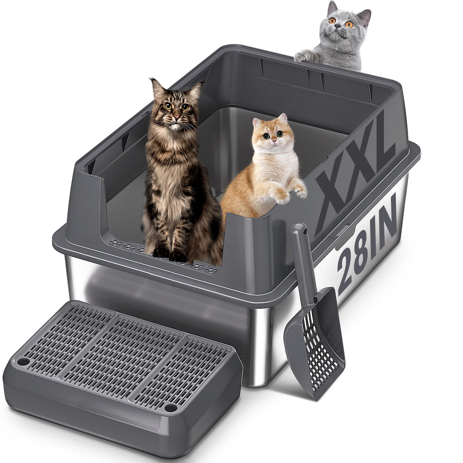Extra Large XXL Stainless Steel Cat Litter Box with Lid, 26" L x 18" W x 12" H Metal Litter Box with Hight Sides for Big Cats