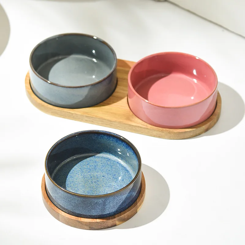 Dog Bowl Ceramic Matte Pet Bowl Cervical Spine Protector Anti Knock Over Wooden Tray Pet Feeding Supplies Cat Accessories - Image 3