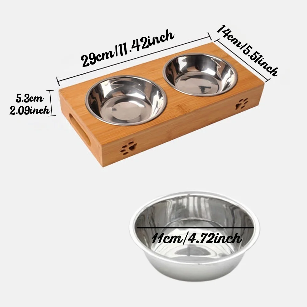Customized Personalized Bamboo Wood Dining Table Pet Double Bowl Cat Dog Stainless Steel Food Bowl Anti Knockover Pet Supplies - Image 2