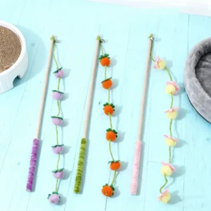 Fruit Shaped Wooden Handle Long Stick Cat Toy for Interactive Play And Biting Resistant Ideal for Keeping Cats Amused