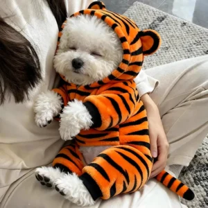 Tiger Design Winter Pet Costume Warm Coral Fleece Dog Clothes for Small Teddy Corgi Cats Thickened Hooded Animal Outfit