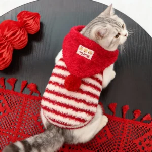 Instagrammable Pet Hoodie, Red Striped Dog Cat Vest, Cute Matching Outfit for Daily Fashion, Cozy Knit Wear with Hood for Puppy