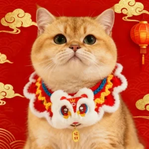 Chinese Style Spring Festival Lion Dance Cat Tie Handmade Warm New Year Pet Collar Blessing Adjustable Cat Knitting Scarf Autumn