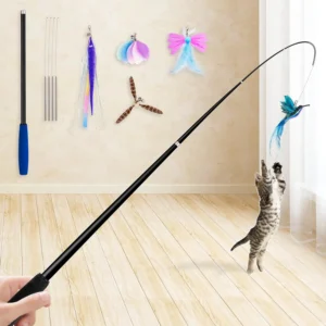 2025 Latest 2-in-1 Spring Cat Wand Toy with Long Teaser, Steel Wire & Feather Refills for Indoor Cats