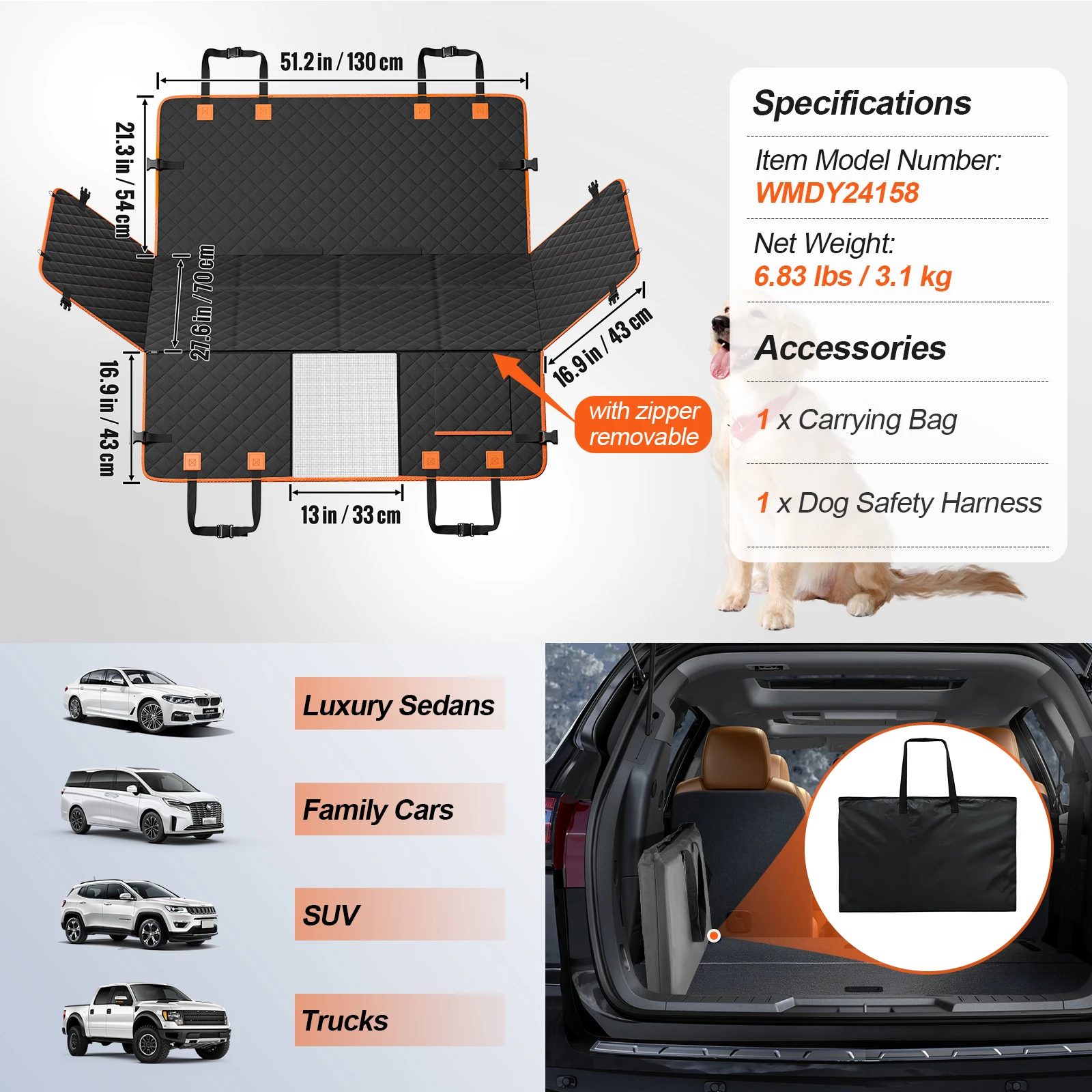 SucceBuy Back Seat Extender Dog Car Seat Cover for Back Seat Bed with Mesh Window and Storage Pocket Supports 350lbs Dog Hammock - Image 8