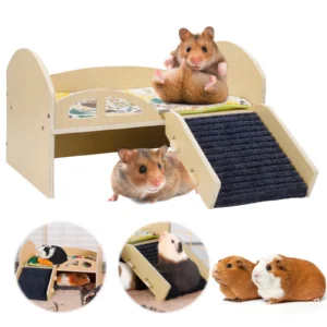 Wooden Small Animal Bed with Stable Stairs & Mat Guinea Hideout Platform Wear Resist Multi-Level Guinea Pig Castle for Pet Gift