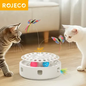ROJECO Automatic Cat Toy 3 in 1 Electric Butterfly Teasing Toy Track Balls Ambush Feather Interactive Fun Pet Toy Set Cat Supply