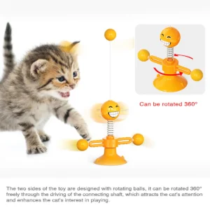 360° Spinning Cat Toy with Spring & Feathers, Food-Grade ABS, Suction Cup Base for Self-Play