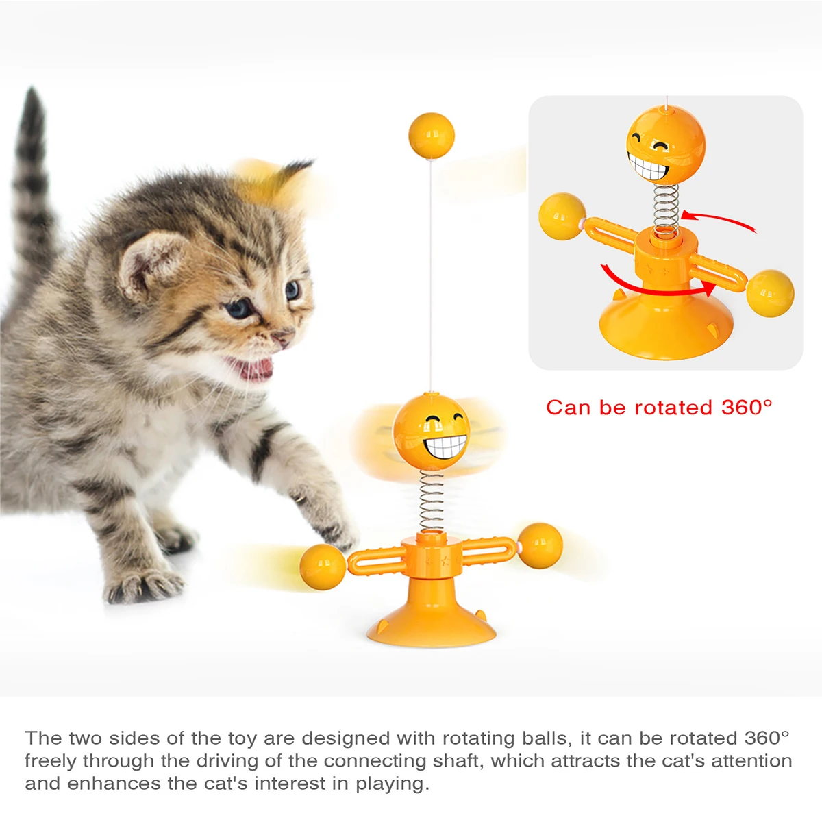 360° Spinning Cat Toy with Spring & Feathers, Food-Grade ABS, Suction Cup Base for Self-Play
