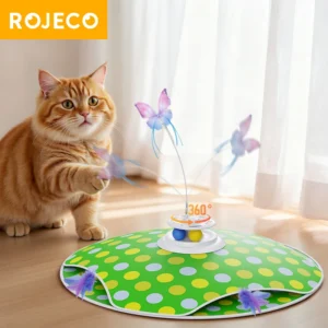 ROJECO Interactive Hide and Seek Cat Toy With Chasing Feather Fluttering Butterfly TrackBalls 3 in 1 Kitten Smart Teaser Cat Toy