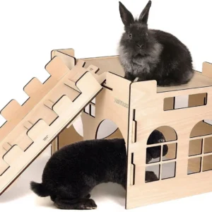 Extra Large Sturdy Bunny Hideout Wooden Rabbit Castle with Ramp Indoor House Habitat for Rabbits Hamsters Guinea Pigs Fe