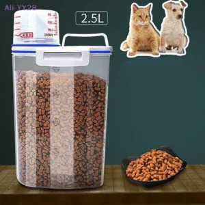 【YY28】1.5/2kg Dog Cat Food Pail Plastic Storage Tank With Measuring Cup Container Moisture-proof Sealed Jar Pet Supplies