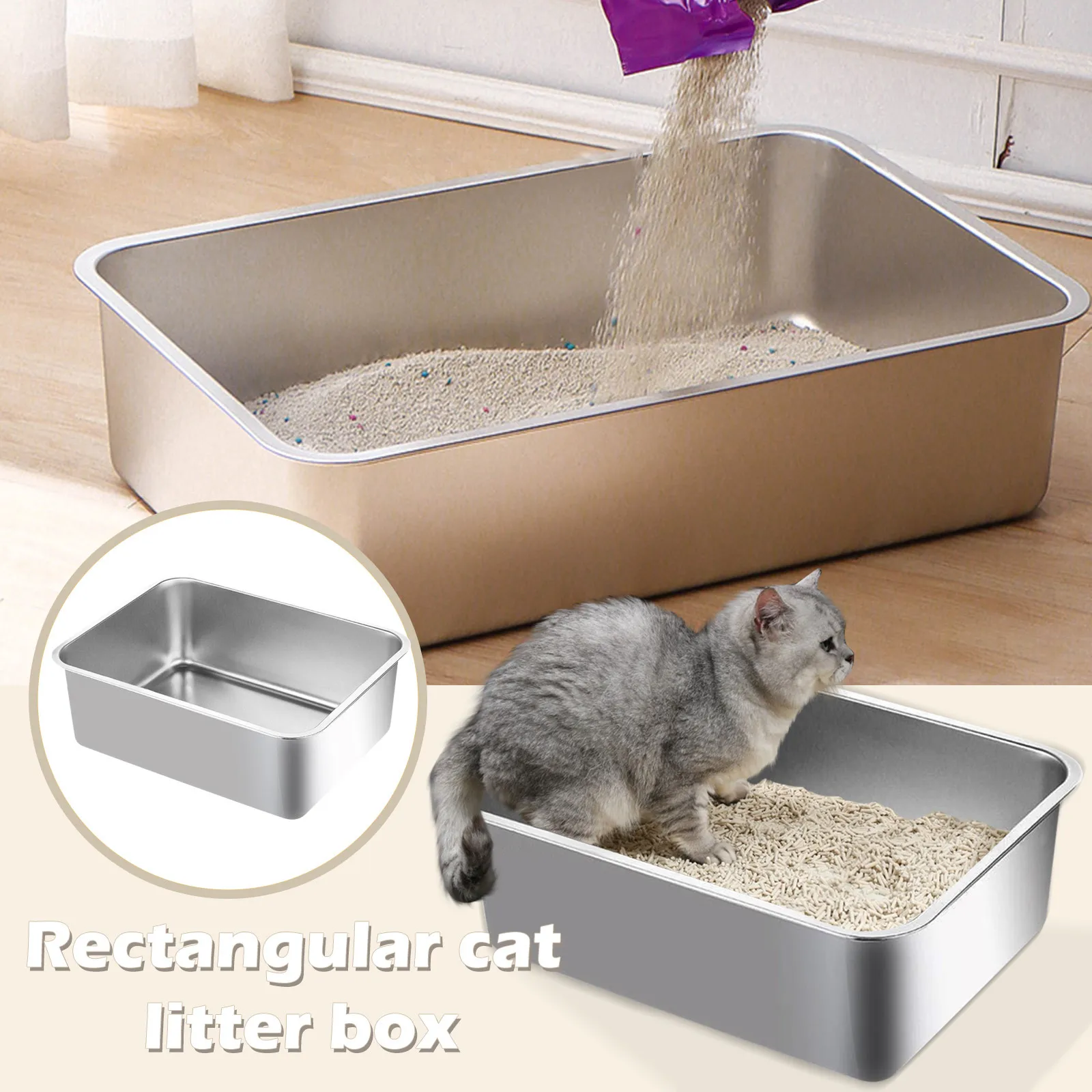 304 Stainless Steel Cat Litter Box Indoor Large Stainless Steel Litter Tray Metal High Sided Cat Pan Pet Cat Cleaning Supplies - Image 3