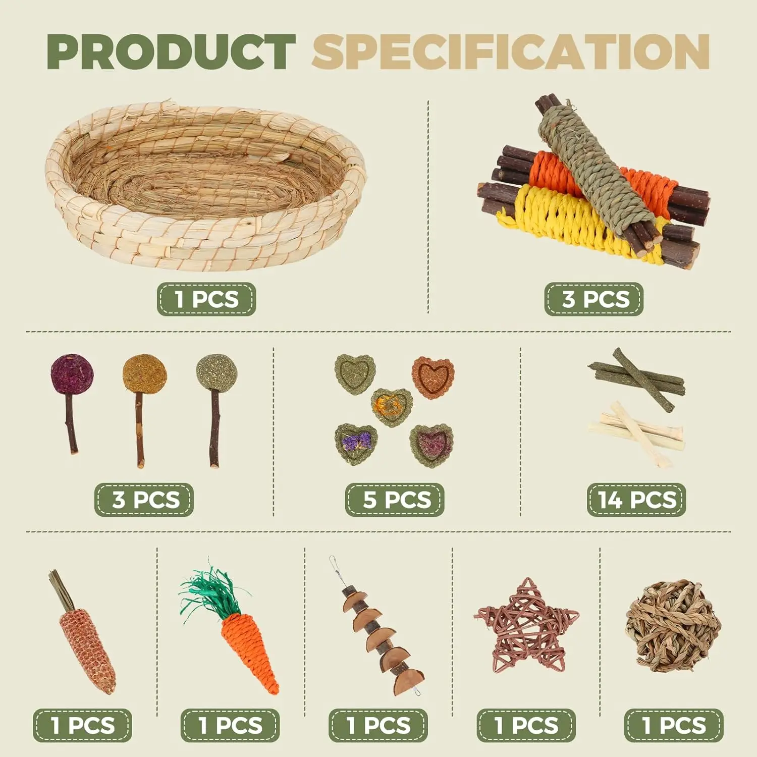 Rabbit Toys Chew Treats Guinea Pig Bed, Bunny Chew Toys Timothy Hay Bamboo Chew Sticks, Grass Ball Carrot Corn Lollipop - Image 2