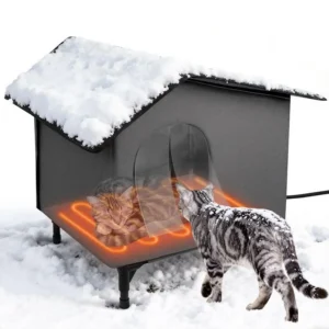 Heated Cat House Outdoor Cat House with Heating Pad Bed,Insulated Cat House Elevated Outdoor Feral Cats Shelter with Soft Mat fo