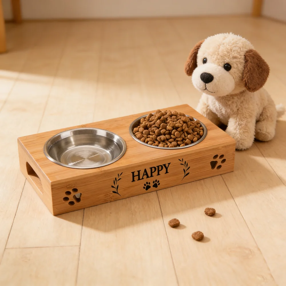 Customized Personalized Bamboo Wood Dining Table Pet Double Bowl Cat Dog Stainless Steel Food Bowl Anti Knockover Pet Supplies - Image 4