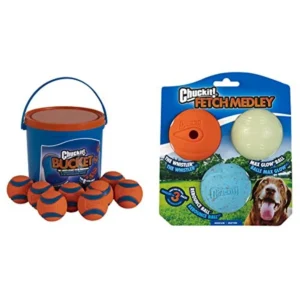 Ultra Ball Fetch Toy for Dogs Medium Size 8 Pack with Fetch Balls Medium Max Glow Rebounce and Cleaning Bucket