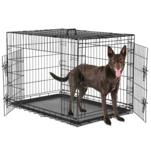 Large Dog Crate with Divider Panel, 36 Inch Double Door Folding Metal Wire Dog Cage with Plastic LeakProof Pan Tray, Pet Kennel