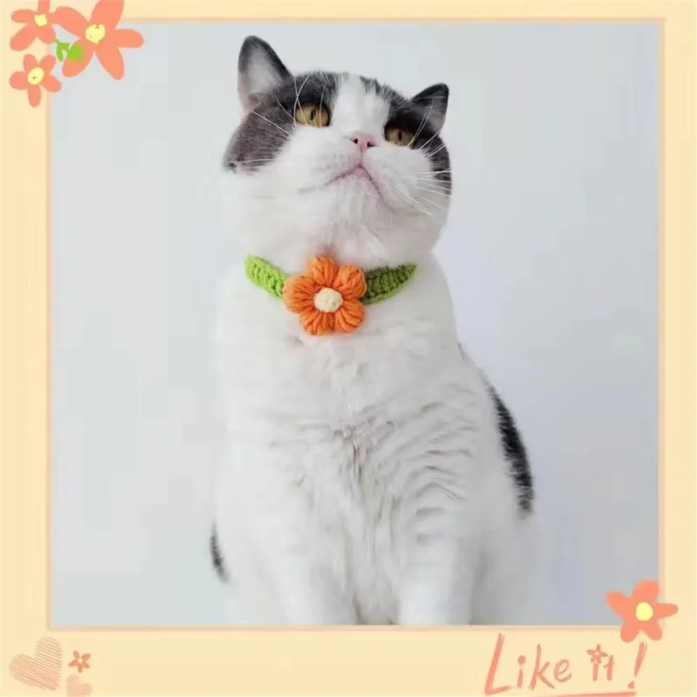 Kawaii Crochet Dog Cat Collar Adjustable Wool Necklace Flowers Pet Neck Accessories Puppy Kitten Knitting Scarf Bowtie Pet Gift - Image 5