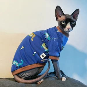Clothing for Hairless Cat Spring Cartoon Cotton Blue Dinosaur T-Shirt for Sphinx Coat for Kittens White Pajamas For Devon Rex