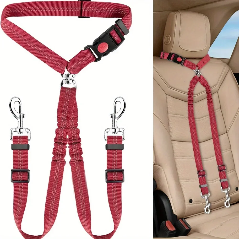 Double Dog Car Harness Safety Seatbelt Adjustable Pet Travel Restraint for 2 Dogs Heavy Duty Crash Tested Elastic Splitter Headr - Image 9