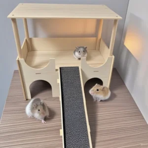Hamster House with Platform, Wooden Guinea Pig Hideout, Multi-Level Small Pet Cage Accessories, Chew-Proof Shelter with Ladder