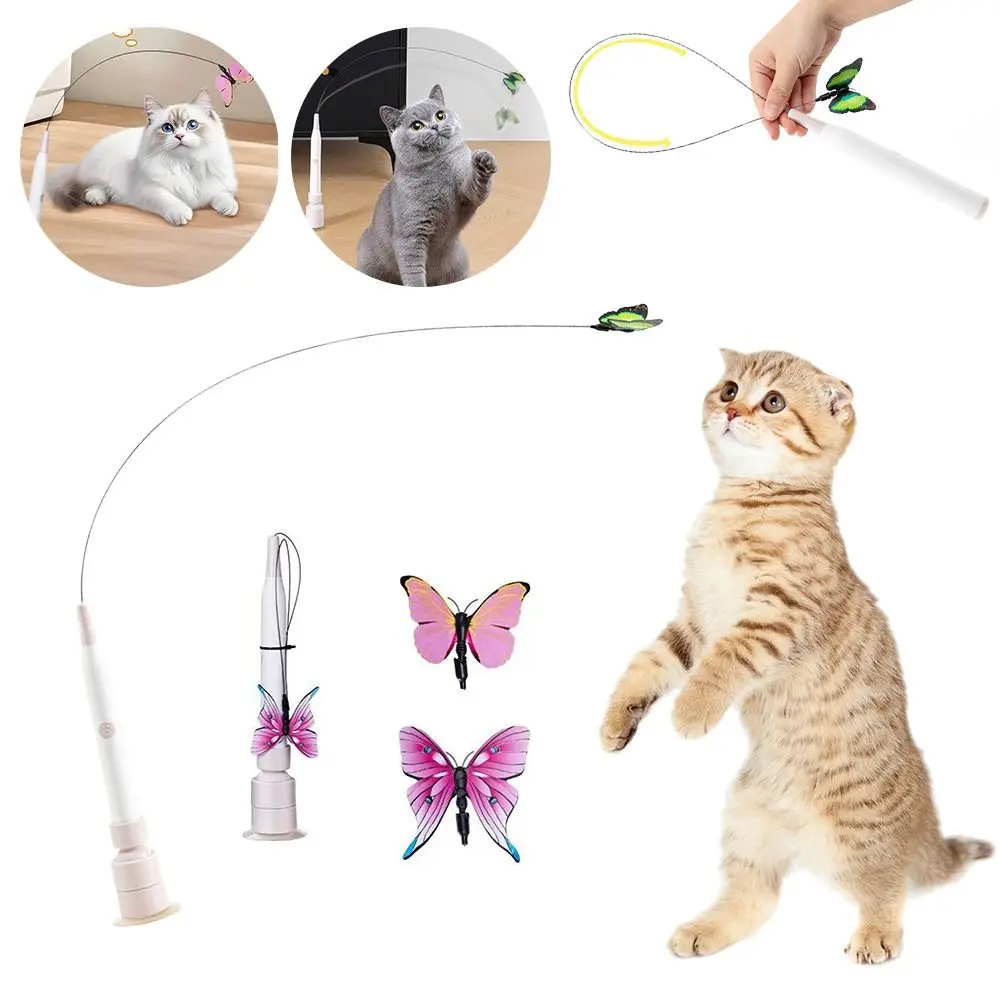 Switchable Butterfly Pattern Cat Teasing Stick Interactive Toy Self-hilarity Relieves Automatic Cat Teaser 360° Swivel Electric