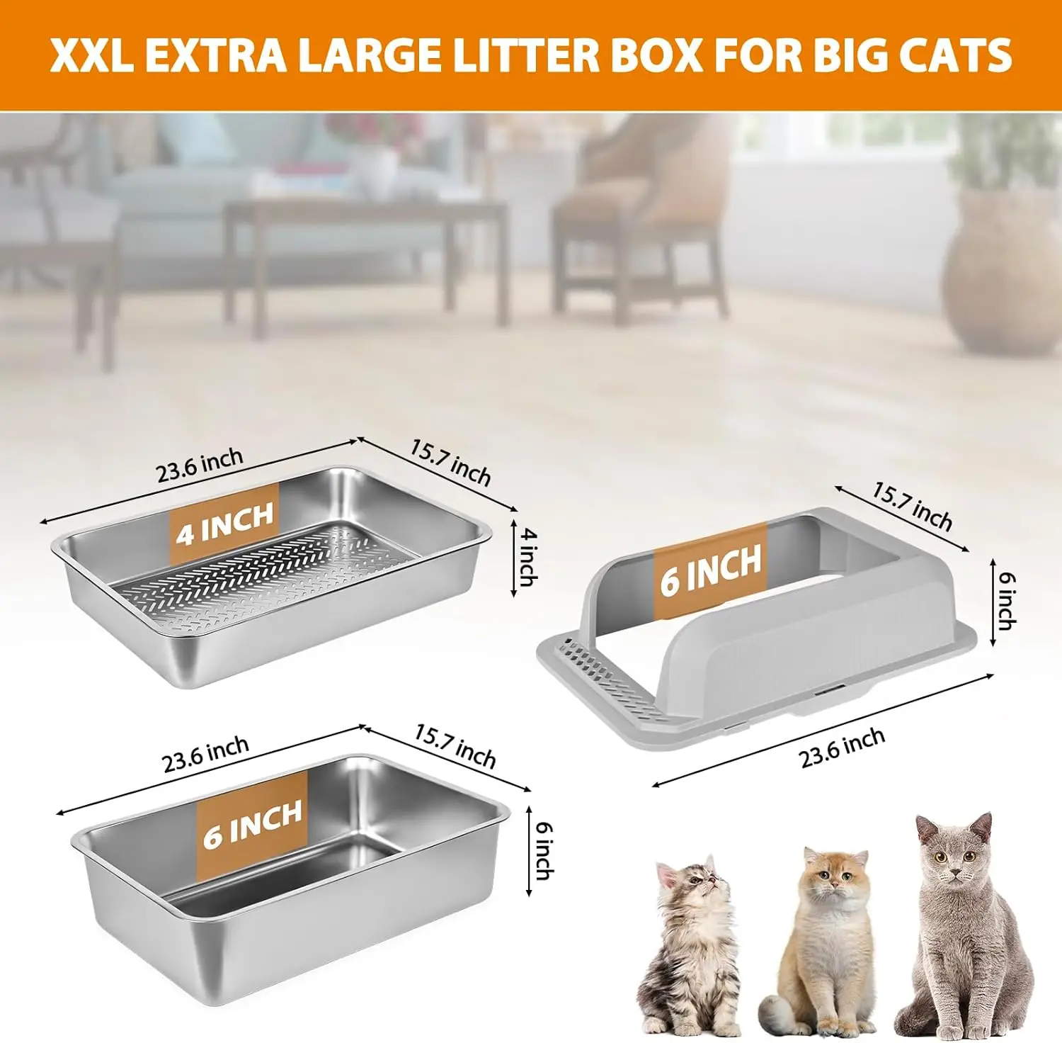 Stainless Steel Sifting Litter Box for Pine Pellets, 23.6''Lx15.7''Wx12''H with Lid & Scoop - Image 2