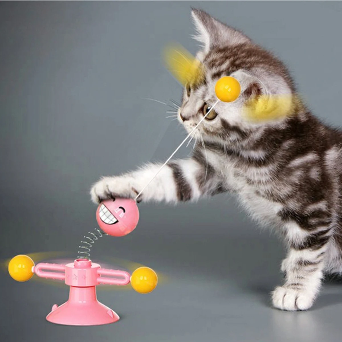 360° Spinning Cat Toy with Spring & Feathers, Food-Grade ABS, Suction Cup Base for Self-Play - Image 2