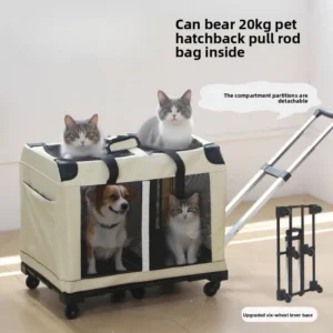 Two Compartments Cat Carrier Portable Pet Trolley for Multiple Cats Breathable Travel Bag with Wheels Large Capacity Cat Trolley