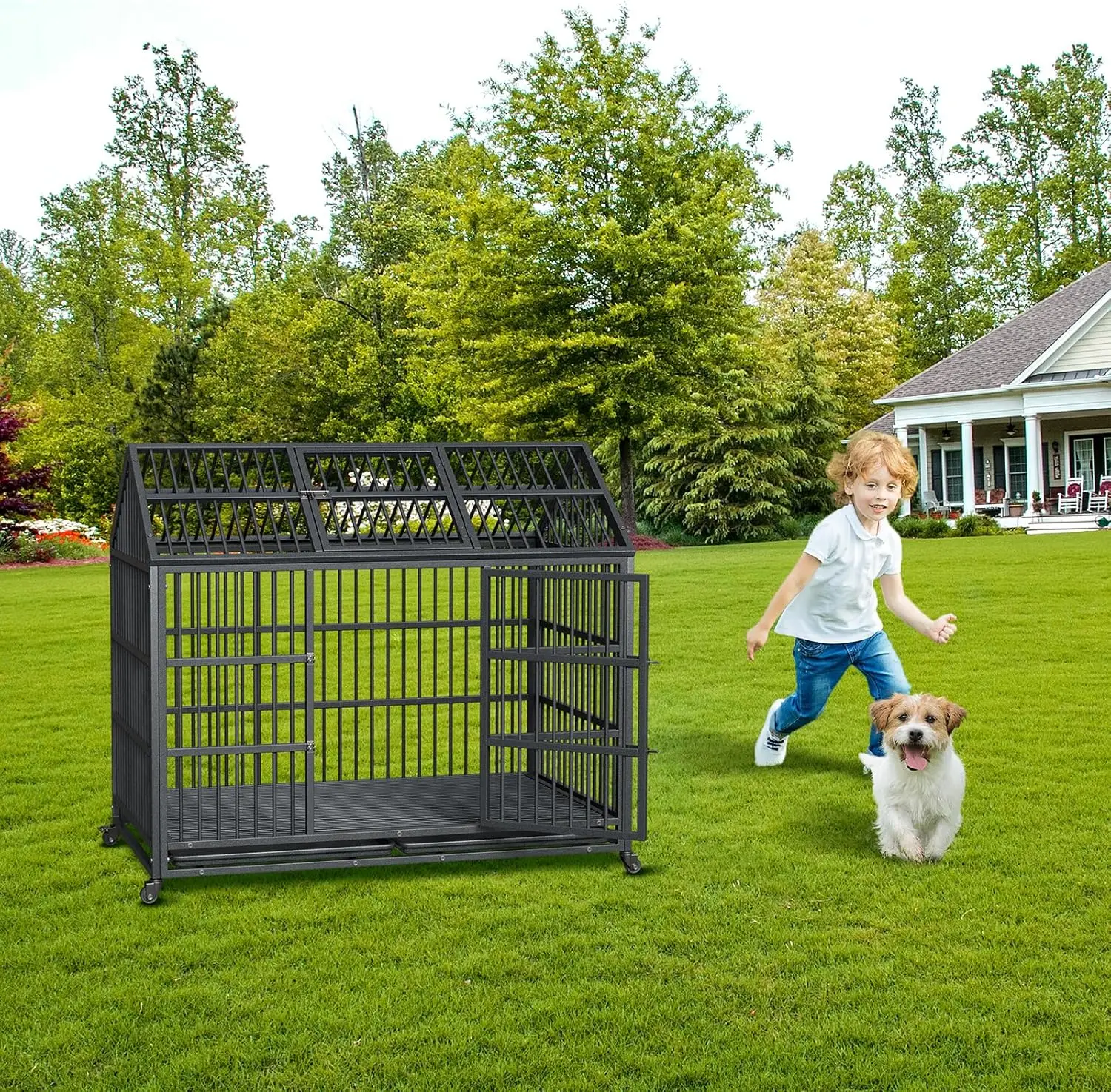 52 Inch Heavy Duty Dog Crate, Large Metal Dog Kennel with Roof Top, 2 Door Dog Cage House with Removable Tray and Wheels - Image 5