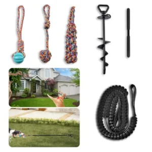 Tether Tug Outdoor Dog Toy with Upgraded Steel Stake and Adjustable Safety Rope Includes 3 Chew Toys Durable Interactive Tug of