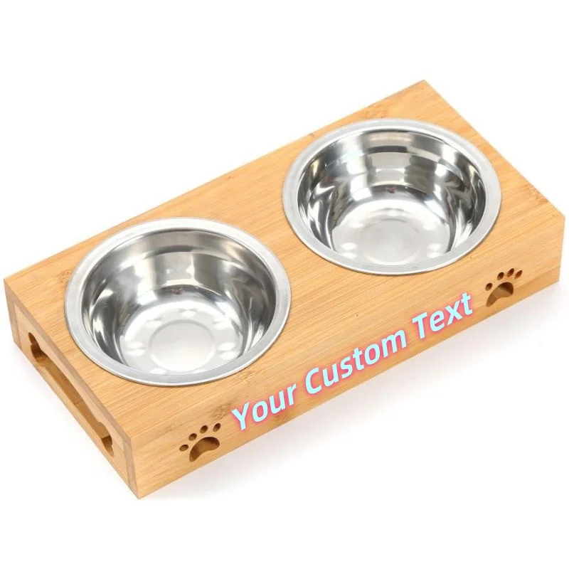 Customized Personalized Bamboo Wood Dining Table Pet Double Bowl Cat Dog Stainless Steel Food Bowl Anti Knockover Pet Supplies - Image 7