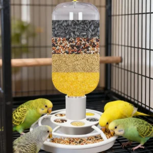 Automatic Bird Feeder with Anti-Scatter, Parrot Food Dispenser for Cage, Hanging Hook Auto-Feeding Container for Small Birds ﻿