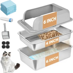 Stainless Steel Sifting Litter Box for Pine Pellets, 23.6''Lx15.7''Wx12''H with Lid & Scoop