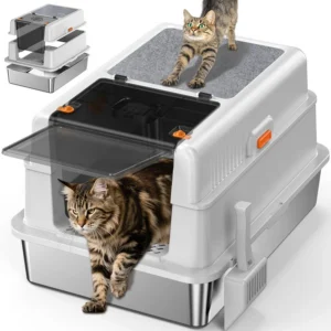 XXXL Large Stainless Steel Cat Litter Box with Lid and Scraper Pad, 70cm Suitable for Extra Large Stainless Steel Cat Litter Boxes, 180 °   Flip-Top Lid and Three-In-One Design, Suitable for Large Cats and Multi-Cat Households, Non-Stick Bottom, Leak-Proof.
