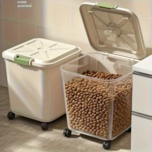Sealed pet food storage container box with wheels and spoon, transparent rolling box for dog, cat and bird food, 2 sizes availab
