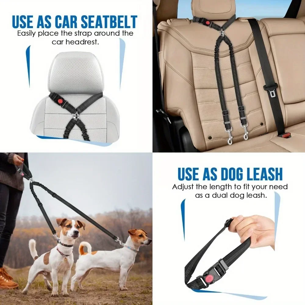 Double Dog Car Harness Safety Seatbelt Adjustable Pet Travel Restraint for 2 Dogs Heavy Duty Crash Tested Elastic Splitter Headr - Image 5