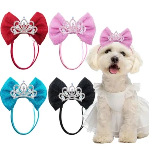 20PCS Diamonds Dog Hair Bows Elastic Bands Crown Shape Luxury Small Dog Head Bows Puppy Grooming Accessories For Dogs and Cats
