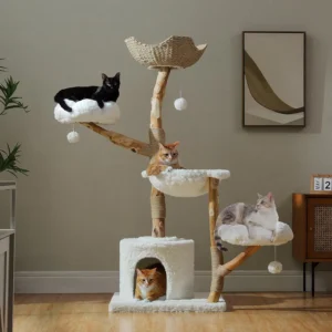 Cat Tree for Indoor Cats Large Adults, 59 Inches Modern Cat Tower with Large Basket and Hammock, Natural Solid, Customized