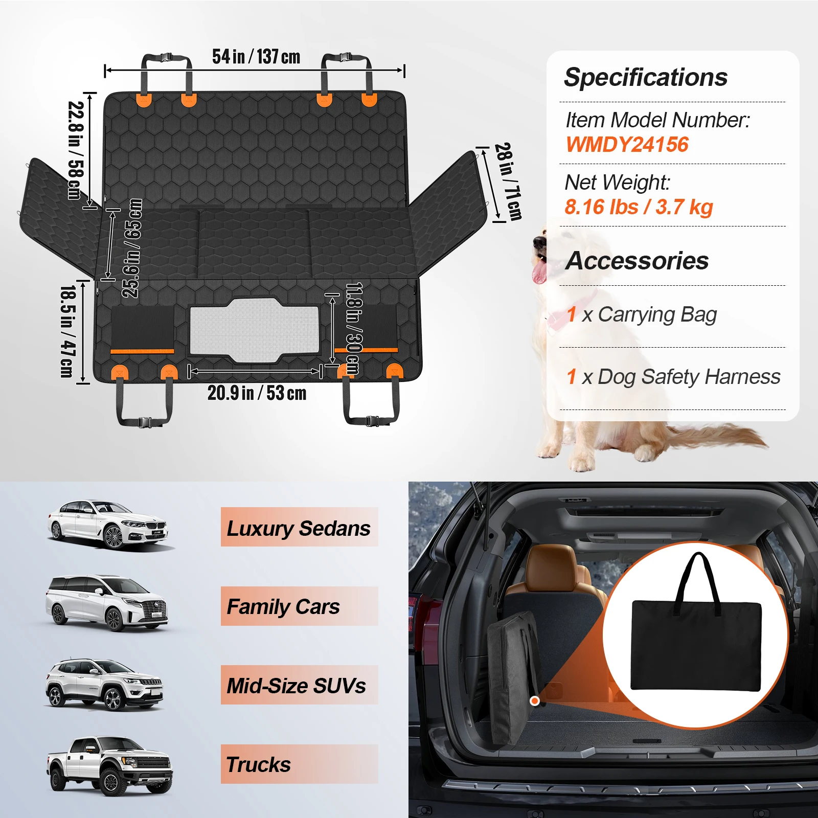 SucceBuy Back Seat Extender Dog Car Seat Cover for Back Seat Bed with Mesh Window and Storage Pocket Supports 350lbs Dog Hammock - Image 7